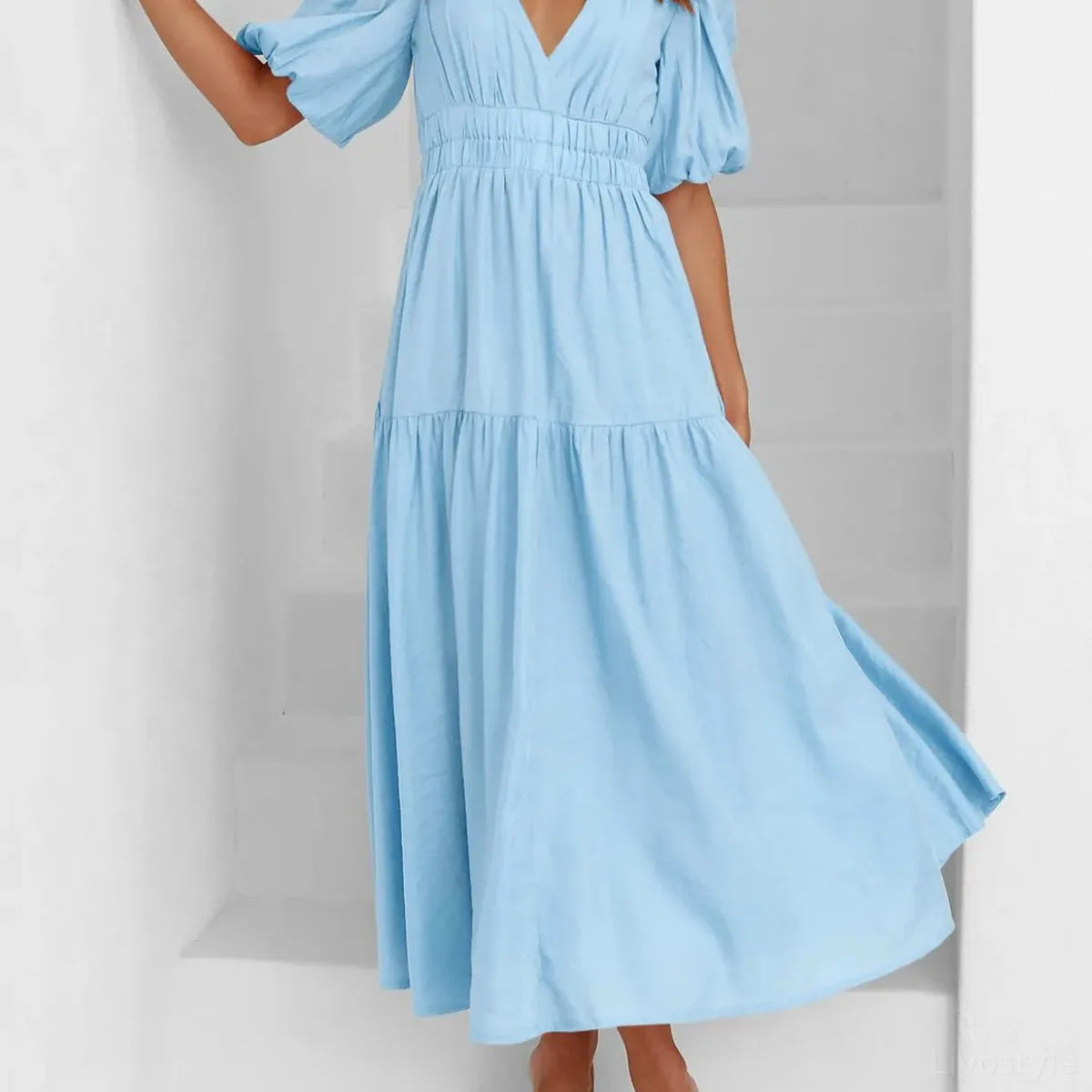 V-Neck Puff Sleeve Midi Dress