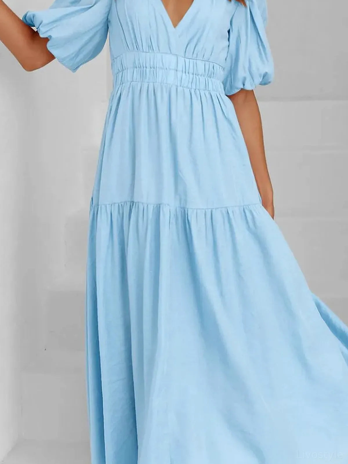 V-Neck Puff Sleeve Midi Dress