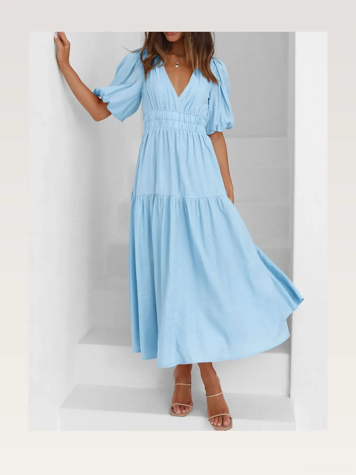 V-Neck Puff Sleeve Midi Dress